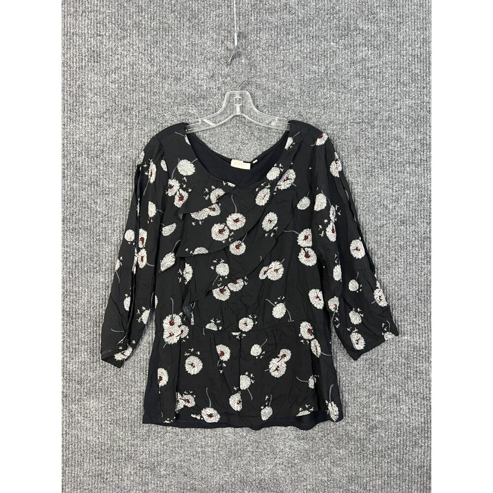 Deletta Shirt Womens Small Black Dandelion Print 3/4 Sleeve Bohemian Ruffle